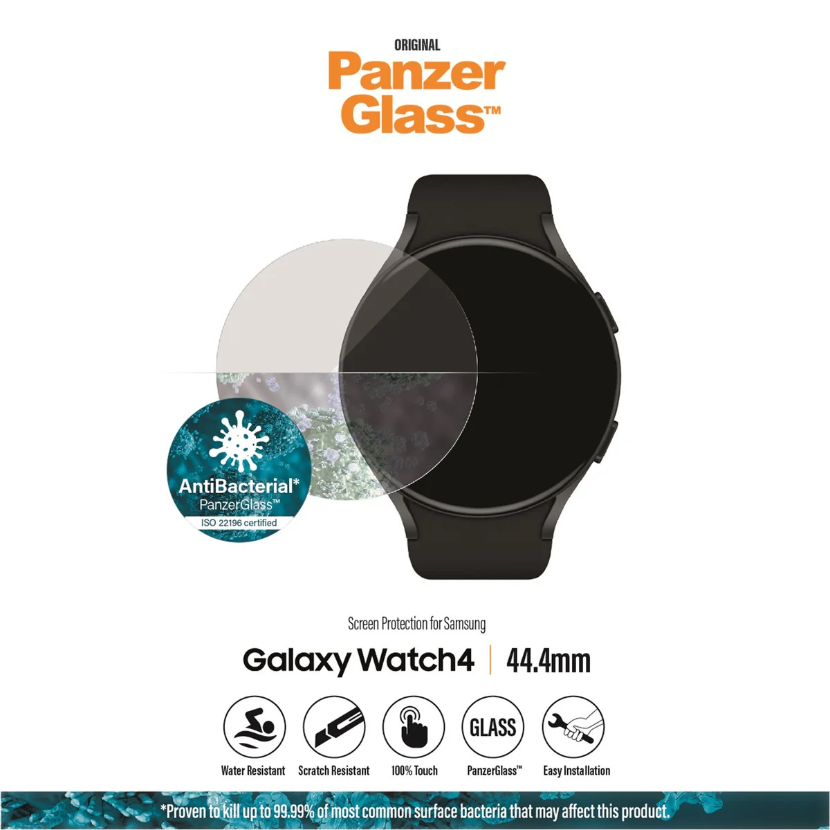 Proteggi schermo PanzerGlass Galaxy Watch4 su bianco. Grafica dell'orologio.