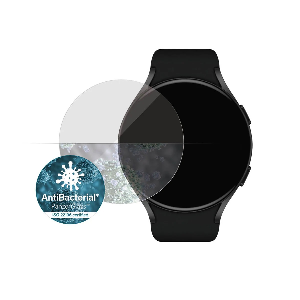Uno smartwatch con schermo circolare e protezione schermo. La protezione ha un'etichetta antibatterica.