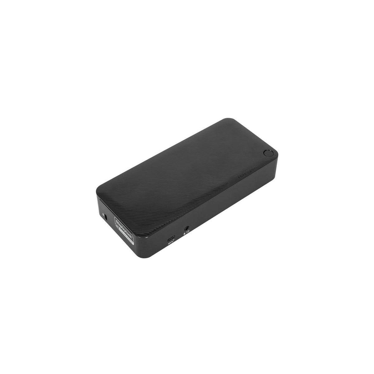 Ein schwarzes rechteckiges Gerät mit Carbonfasermuster. Merkmale Ports an den Seiten.