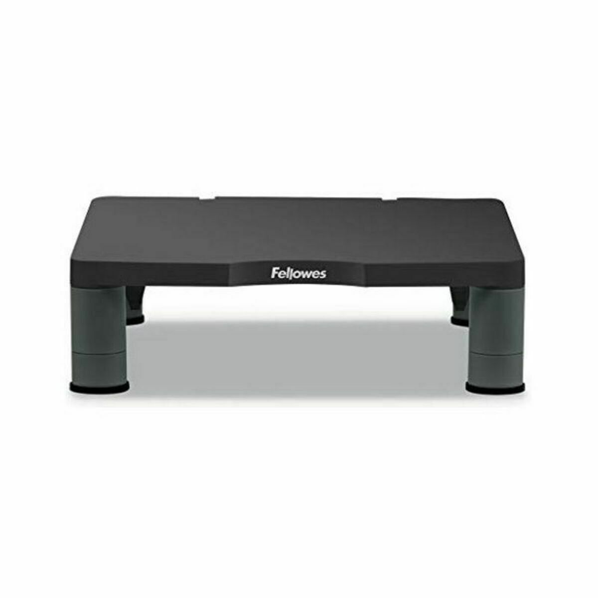 Un supporto nero per monitor con quattro gambe grigie e la scritta "Fellowes".