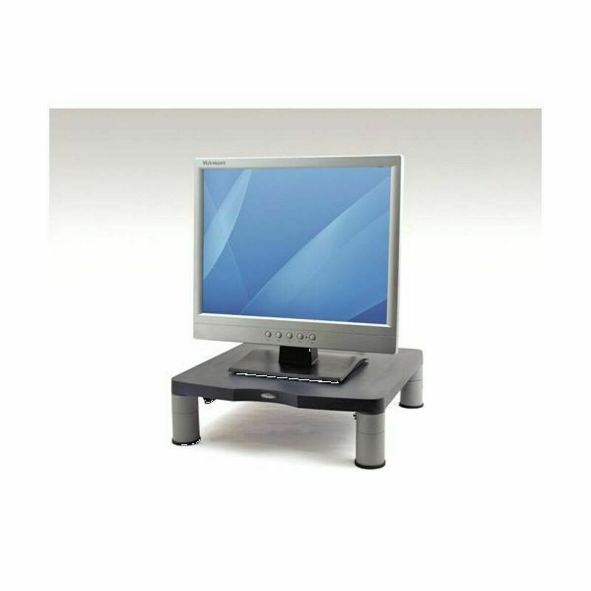 Un monitor del computer sopra un supporto nero. Lo schermo mostra un'immagine astratta blu.