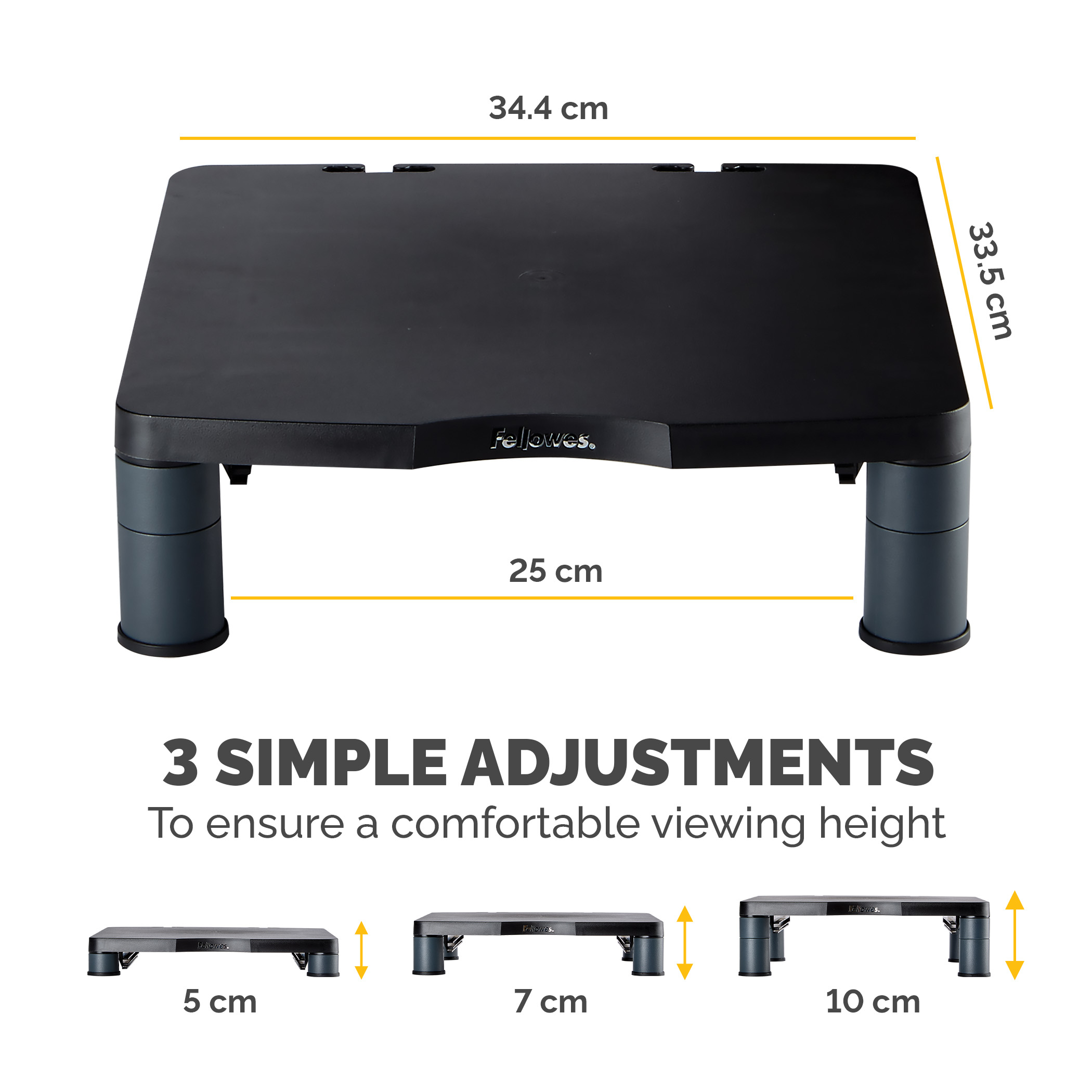 Un supporto per monitor nero con dimensioni. Ha gambe regolabili ed è nero con gambe grigie.