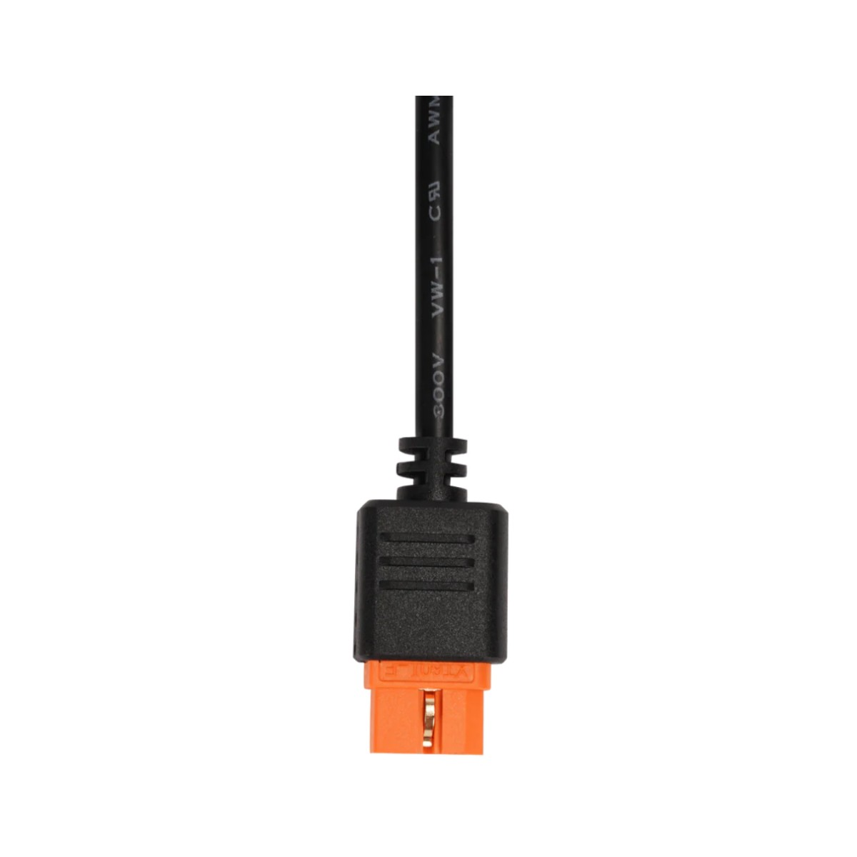 Schwarzer und oranger OBD2-Stecker. Schwarzes Kabel mit VW-1- und 300V-Markierungen.
