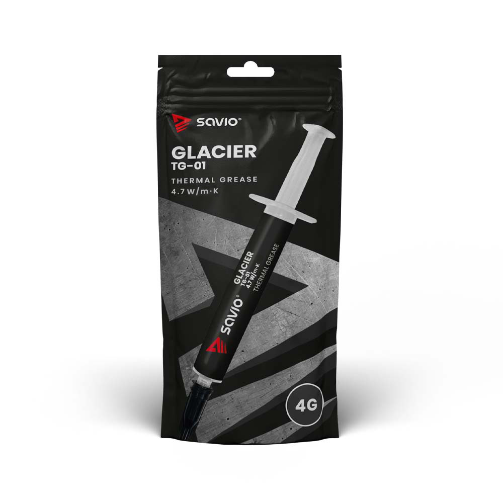 Tubka pasty termoprzewodzącej w czarno-srebrnym opakowaniu. Tubka jest biała ze srebrną końcówką.