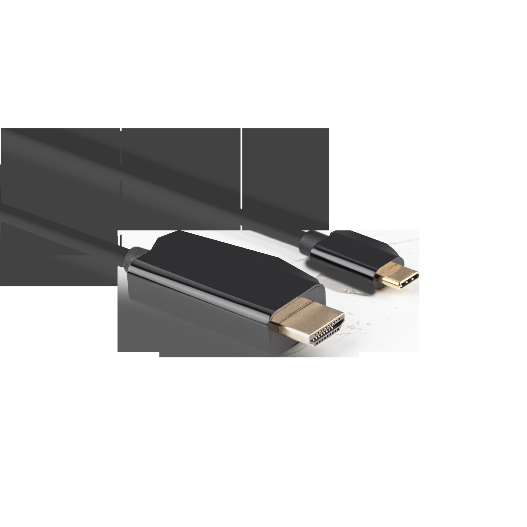 Cavo HDMI nero con connettori dorati, un USB-C. Sfondo bianco con ombre. Cavo a destra.