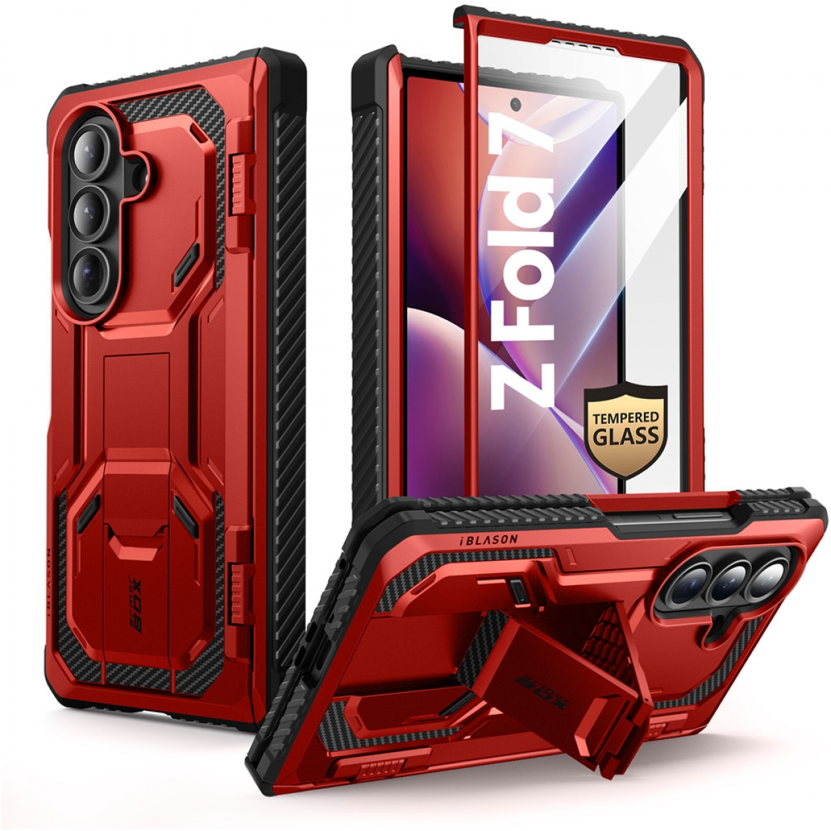Rote Handyhüllen für ein Samsung Galaxy-Handy. Die Hüllen haben ein robustes Design und integrierte Ständer.