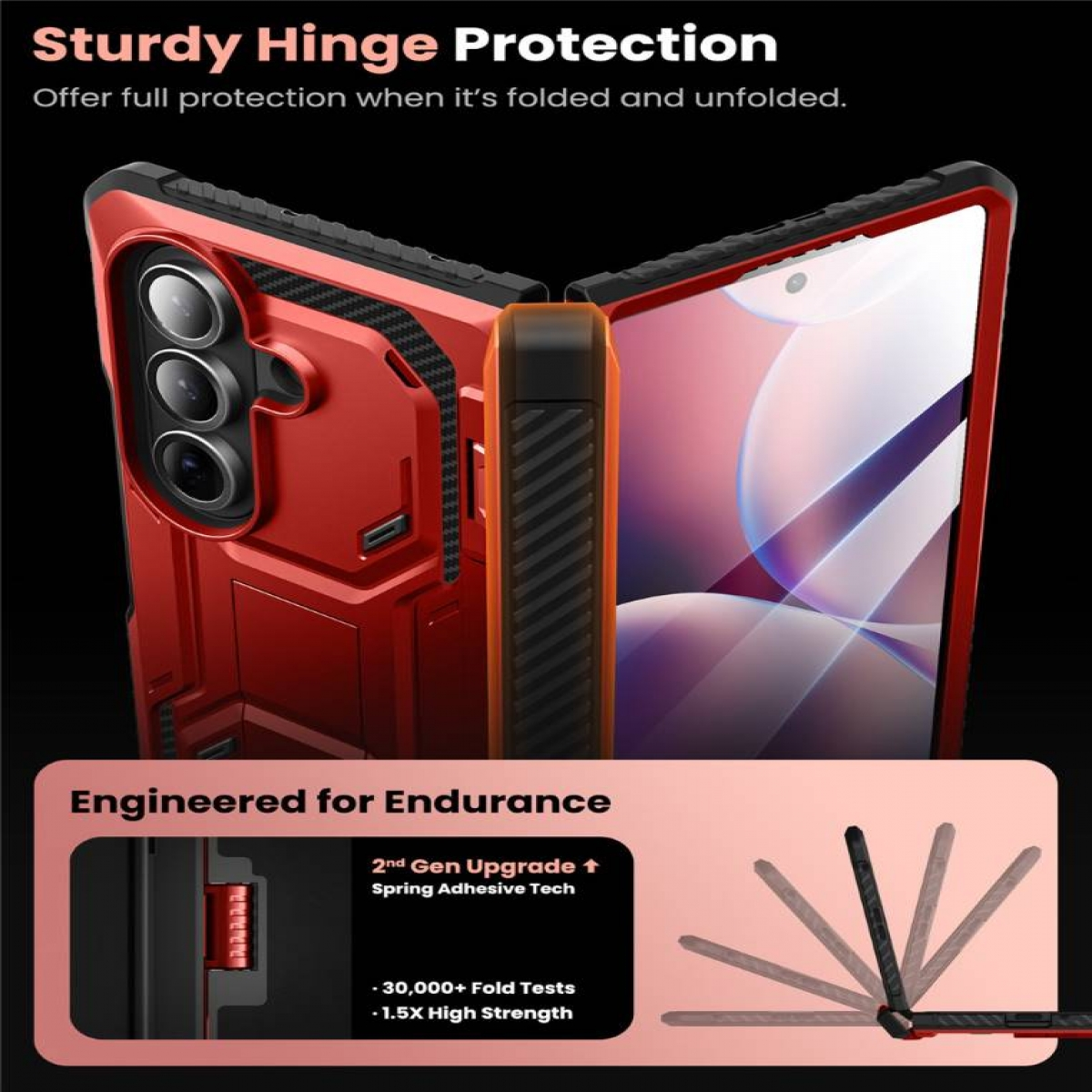 Eine geöffnete Handyhülle mit rot-schwarzem Design, die den Scharnierschutz zeigt.