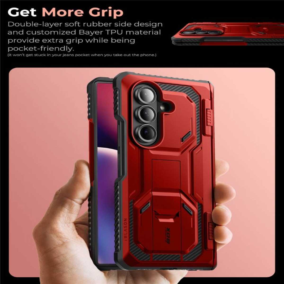 Eine Hand hält eine rote Handyhülle über einem Telefon. Der Hintergrund ist ein Textfeld.