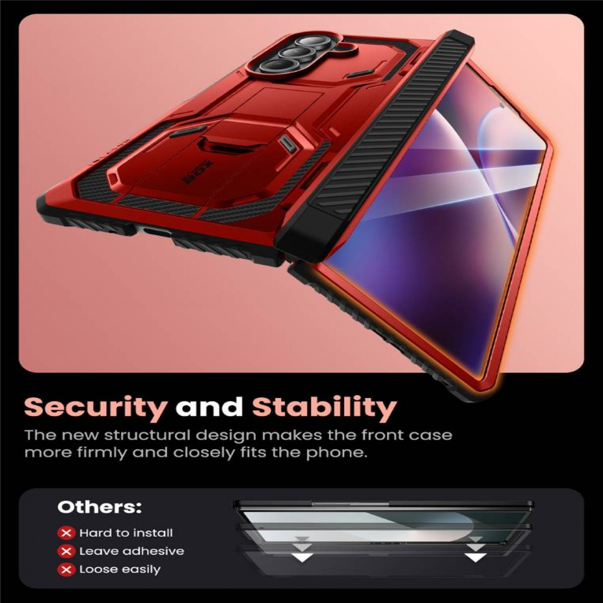 Eine rote Handyhülle mit einem Telefon darin. Die Hülle wird mit einem Ständer gezeigt und verfügt über ein Sicherheitsdesign.