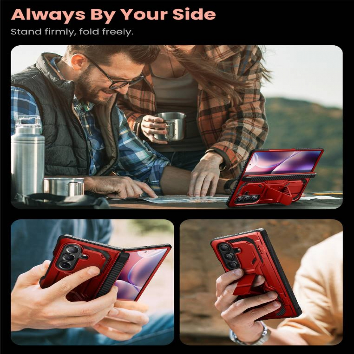 Eine Collage von Bildern, die Smartphone-Hüllen zeigen. Personen, die das Telefon benutzen, Hüllen mit Ständern und Funktionen.