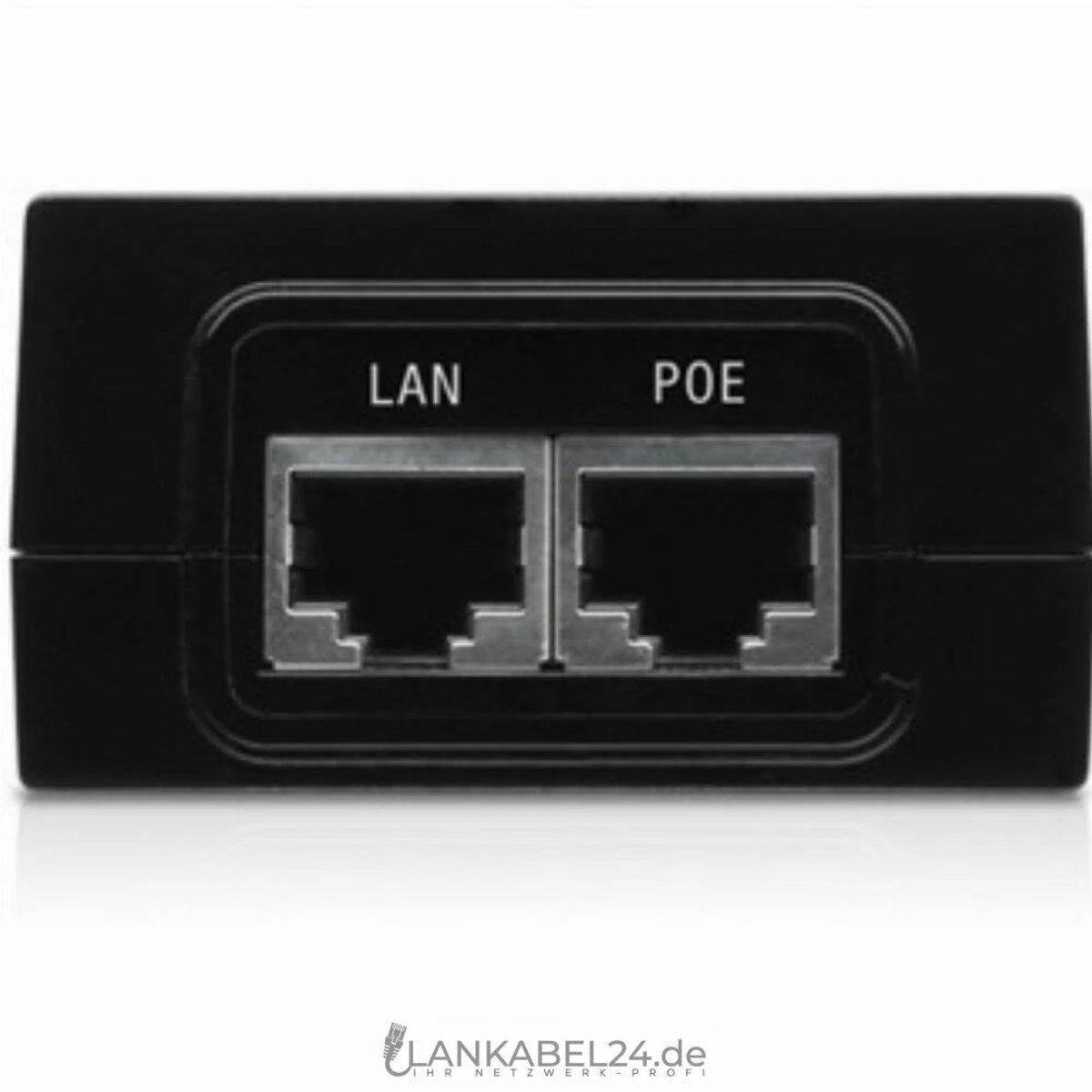 Schwarzes LAN/POE-Netzwerkgerät mit zwei RJ45-Anschlüssen, die mit LAN und POE beschriftet sind. Weißer Hintergrund.