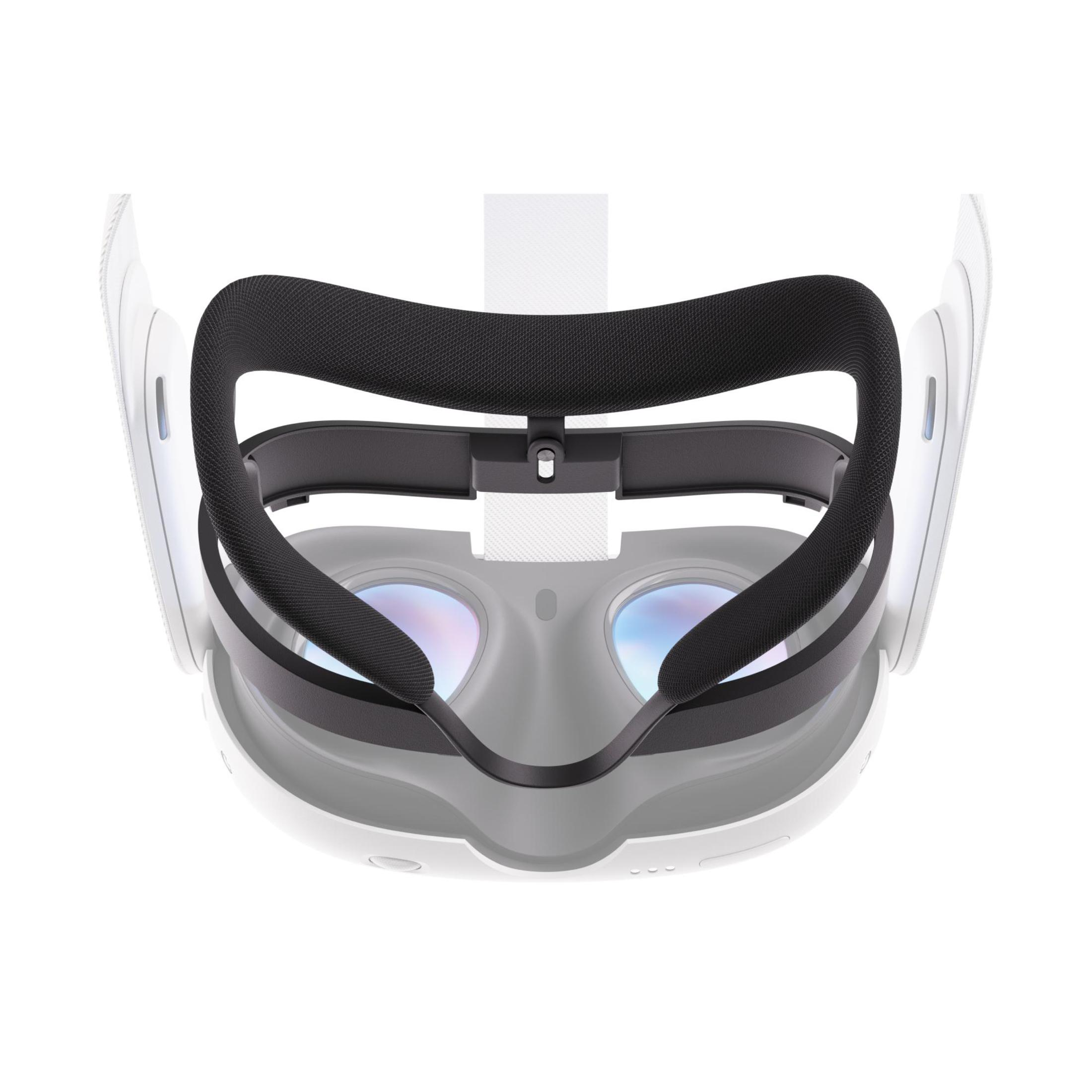 Un visore VR con cuscinetto facciale nero e montatura bianca.