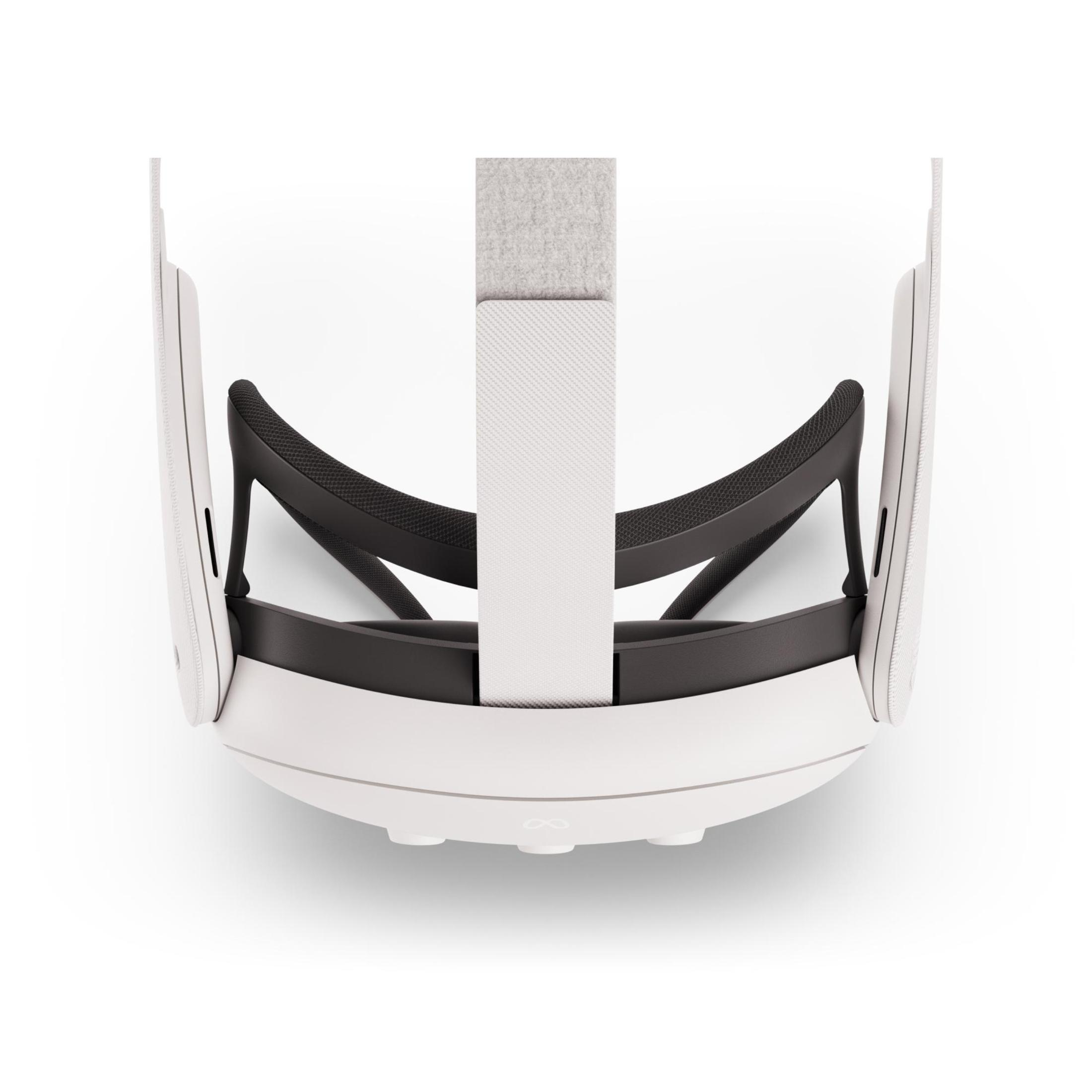 Cuffie VR, schema colori bianco e nero, vista dall'alto, su sfondo bianco.