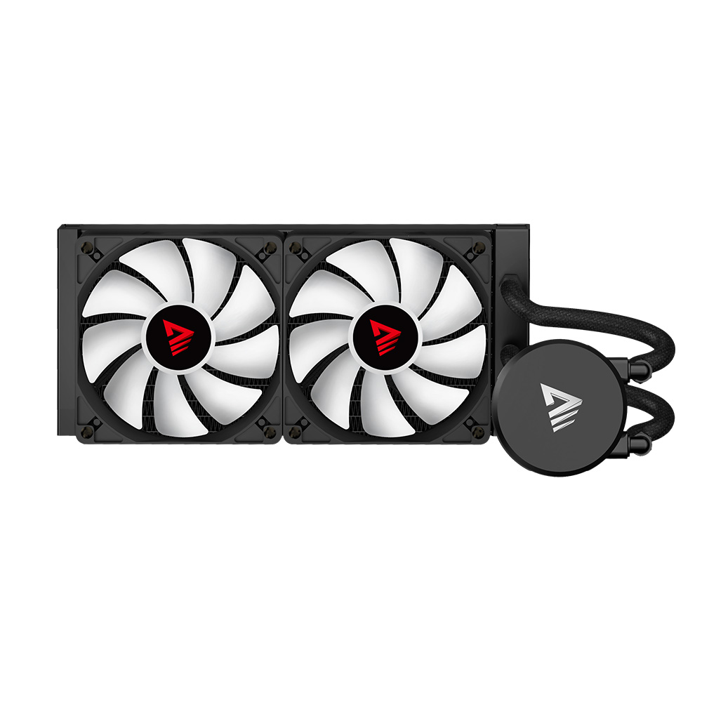 Chłodnica CPU z dwoma białymi wentylatorami i czarną okrągłą pompą, połączone czarnymi rurkami.