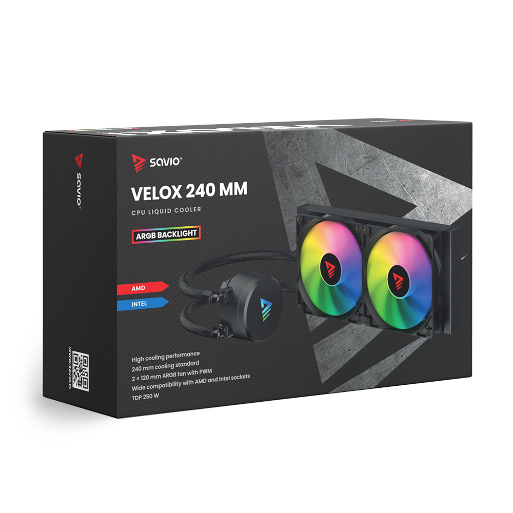 Pudełko chłodnicy cieczy CPU Savio Velox 240mm, pokazujące chłodnicę i wentylatory tęczowe.