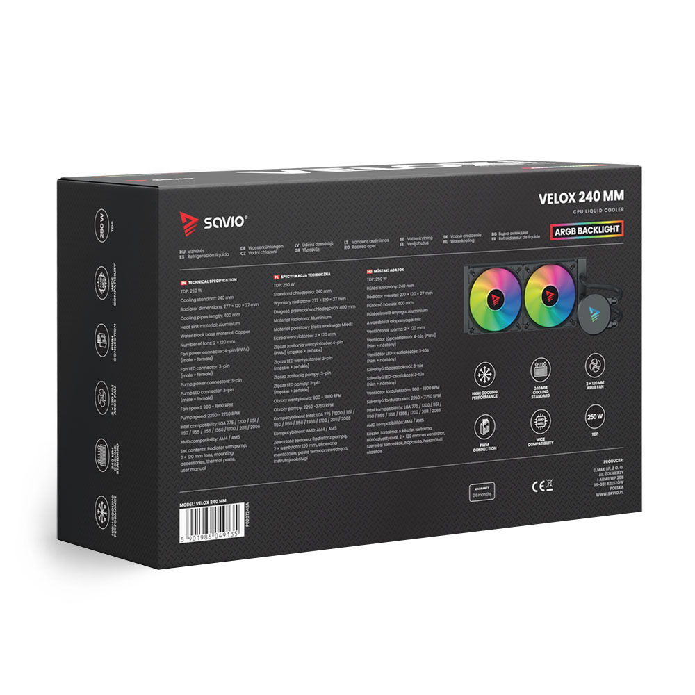 Tył pudełka chłodnicy cieczy CPU ze specyfikacjami, zdjęciami produktów i informacjami o marce.