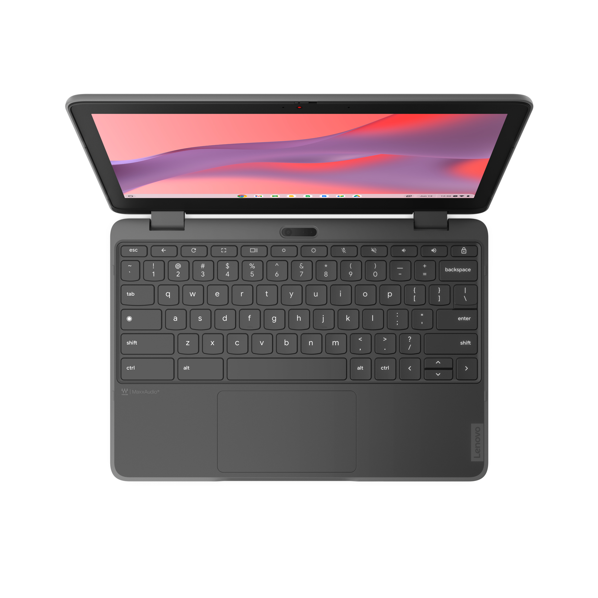 Laptop z góry. Ekran jest otwarty i skierowany w górę, widoczna jest również klawiatura.