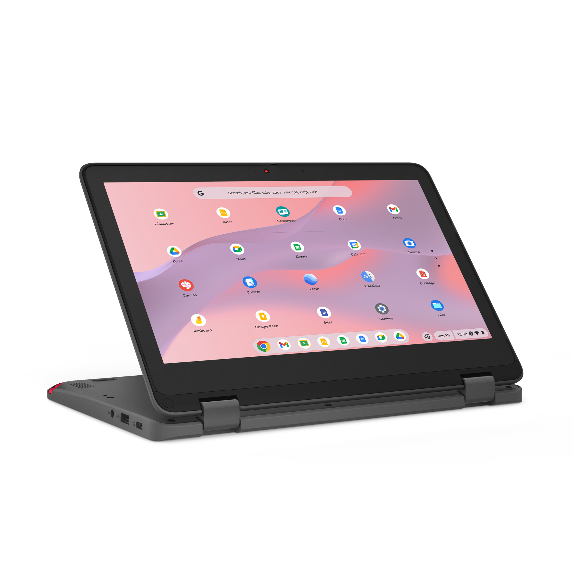 Czarny i szary laptop Chromebook z interfejsem Windows 11 na ekranie.