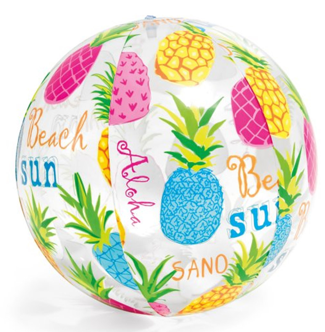 Aufblasbarer Strandball mit Ananas und Text. Weißer Hintergrund, mit rosa, blauen und gelben Ananas.