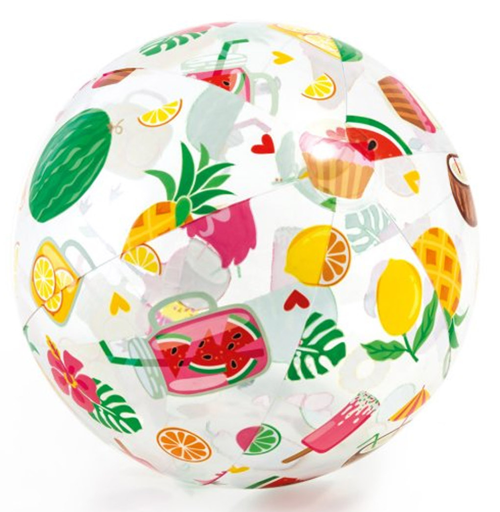 Ein Strandball mit sommerlichen Illustrationen, darunter Wassermelone, Zitronen und Eis.