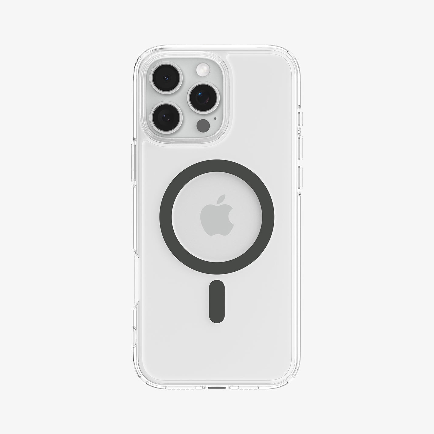 Een doorzichtig iPhone-hoesje met MagSafe en camera-uitsparingen. Het Apple-logo is zichtbaar.