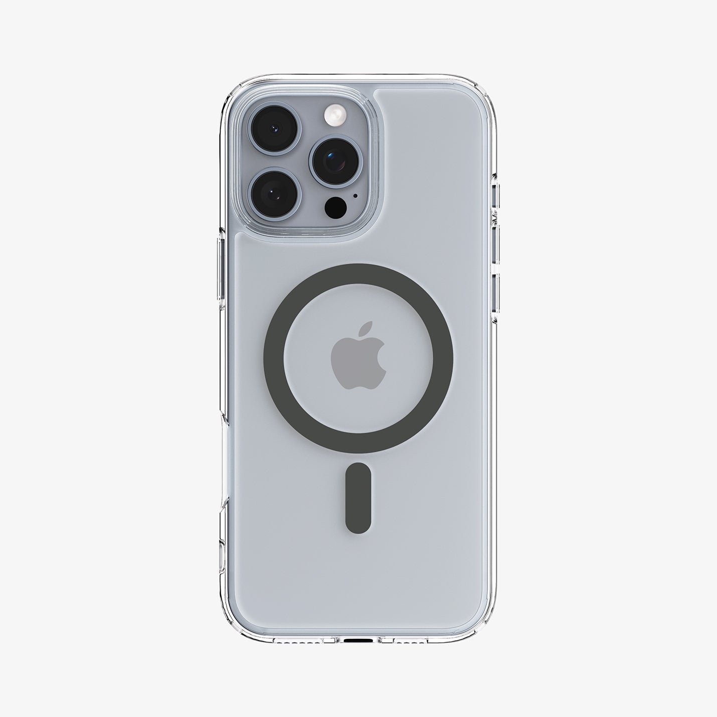 Een doorzichtige telefoonhoes met een Apple-logo en een zwarte MagSafe-ring.