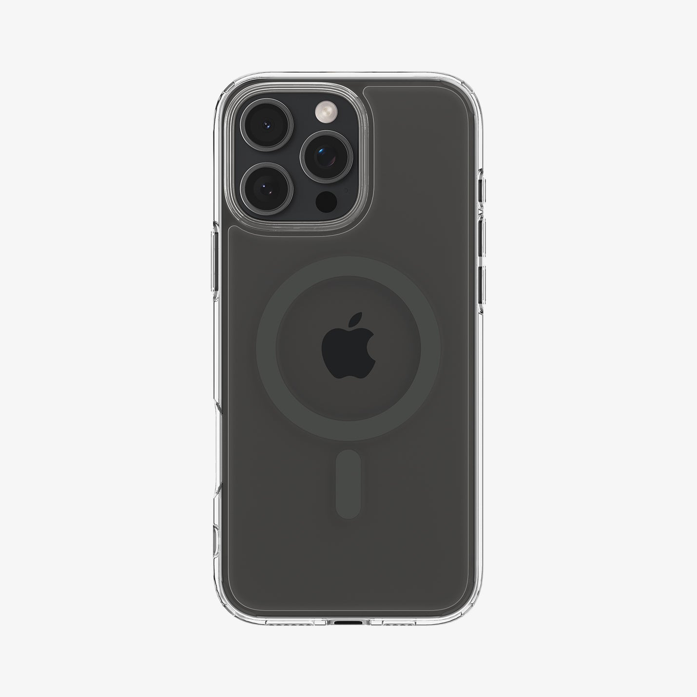 Transparante telefoonhoes met een zwart Apple-logo. Zwarte telefoon binnenin. Witte achtergrond, drie camera's zichtbaar.