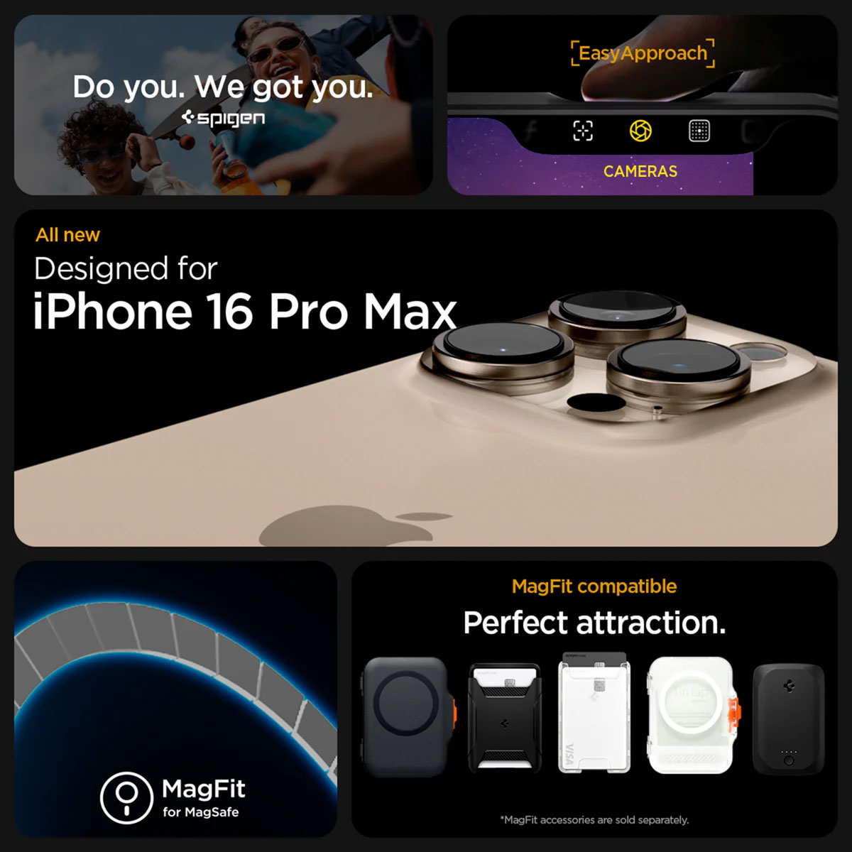Een promotieafbeelding voor iPhone 16 Pro Max. Het bevat afbeeldingen van de telefoon, accessoires en tekst over functies en design.