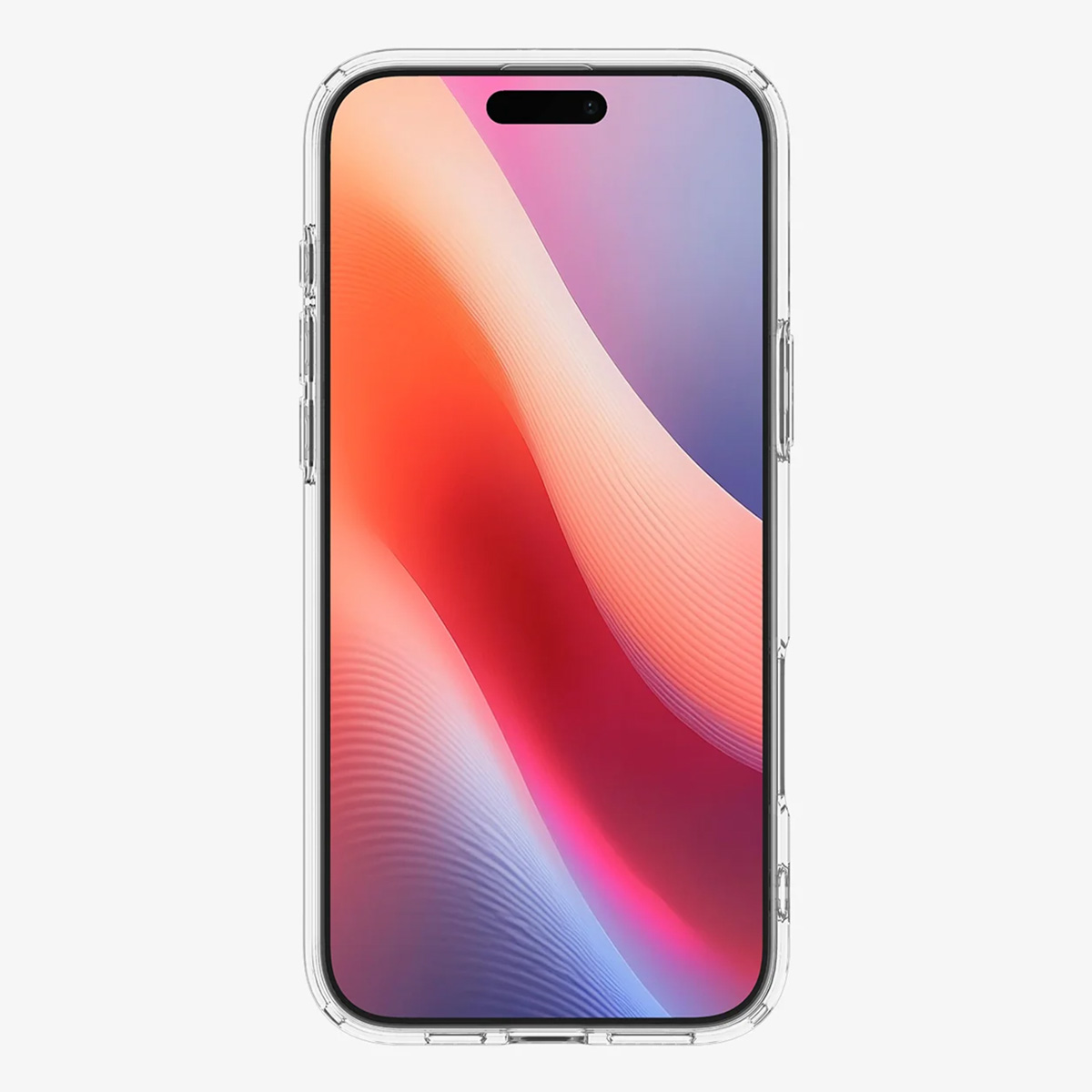 Een telefoon in een doorzichtige hoes. De telefoon heeft een scherm met een kleurrijk, wervelend ontwerp. Witte achtergrond.
