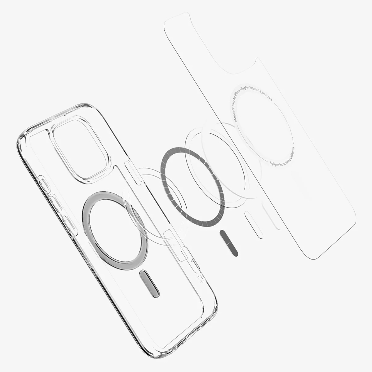 Een transparante telefoonhoes met een magnetische ring en een transparante achterkant. Componenten zijn gescheiden voor duidelijkheid.