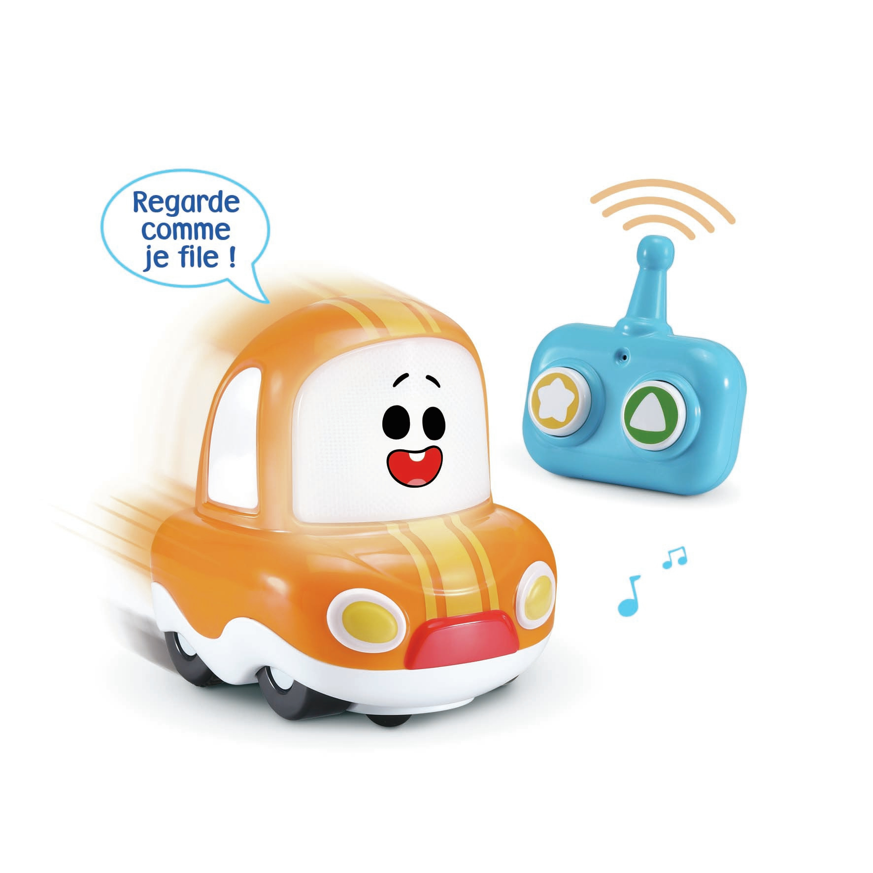 Un coche de juguete naranja con un bocadillo que dice "¡Mírame ir!" y un mando a distancia azul.
