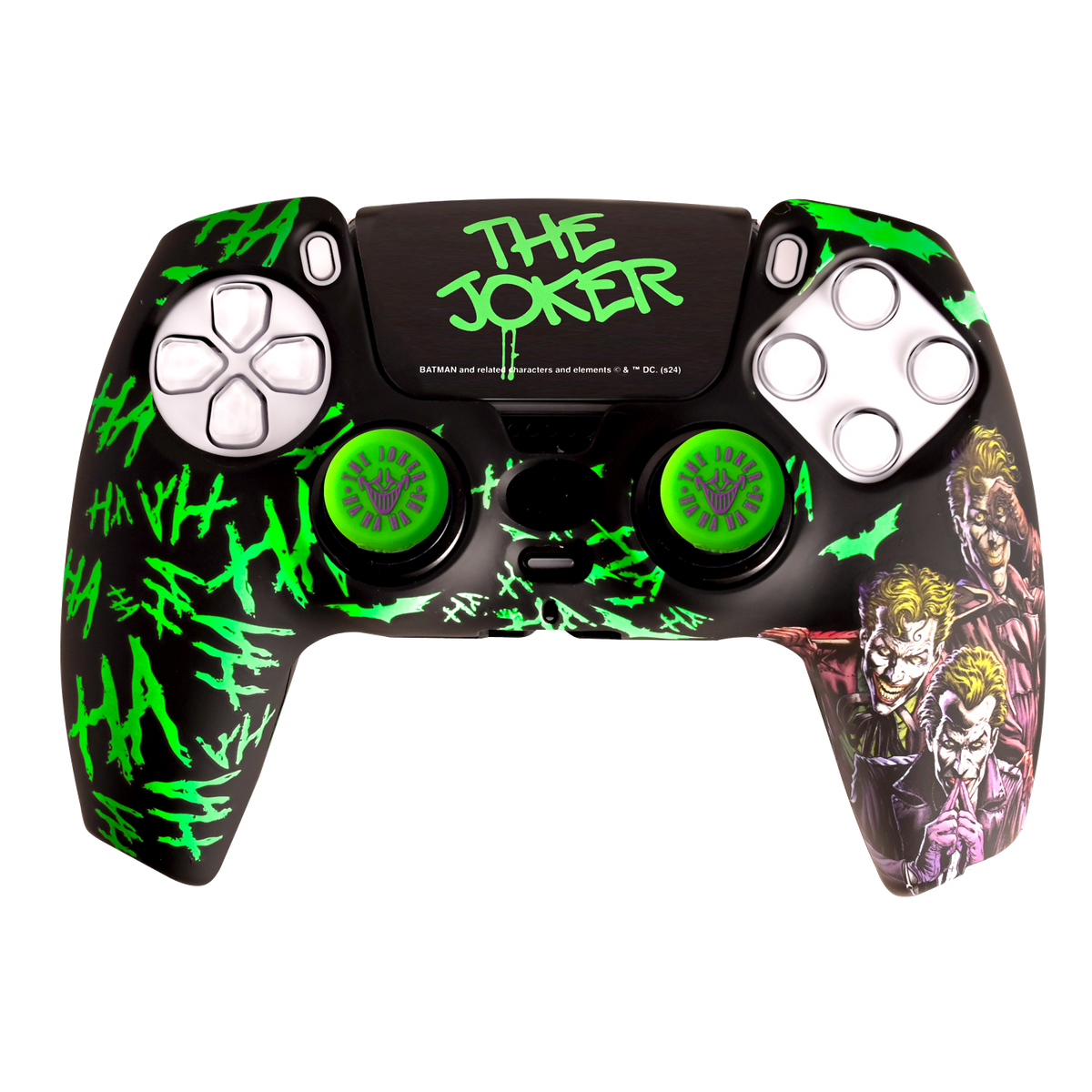 Un controller nero Playstation 5 con design a tema Joker e dettagli verdi, incluso il logo.