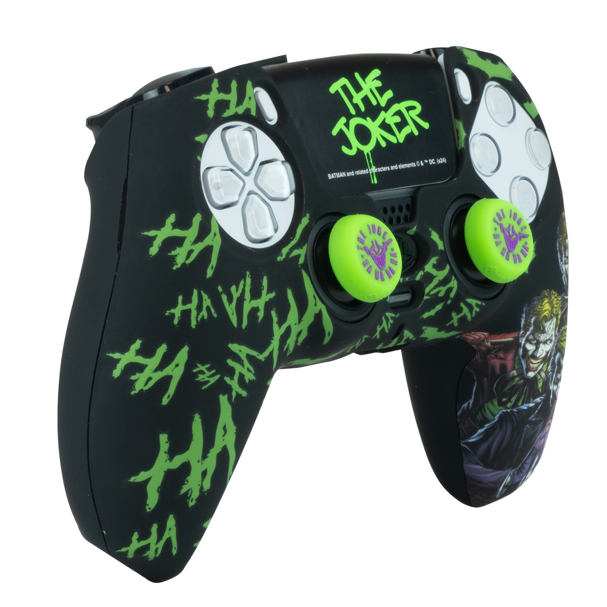 Un controller nero Playstation 5 con design Joker, accenti verdi e il logo Joker.