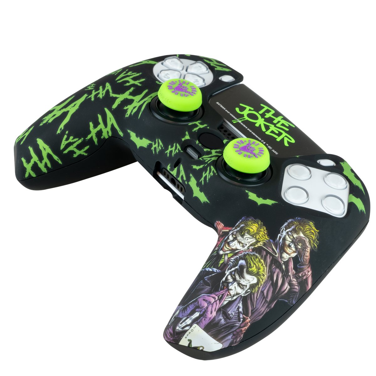 Un controller di gioco nero con grafica Joker e levette verdi.