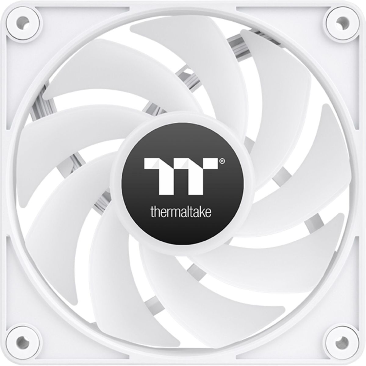 Una ventola per computer bianca con pale curve e un centro nero con il logo Thermaltake.