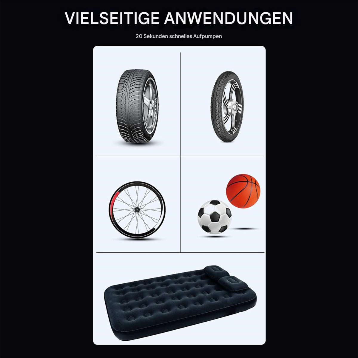 Verschiedene aufzublasende Gegenstände, darunter Reifen, ein Ball und eine Luftmatratze.