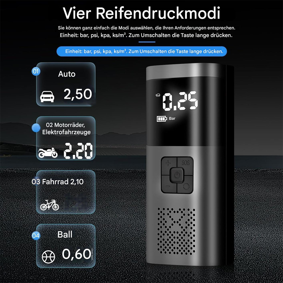 Eine schwarz-silberne Luftpumpe mit Digitalanzeige, die den Druck anzeigt. Die Pumpe hat Knöpfe.