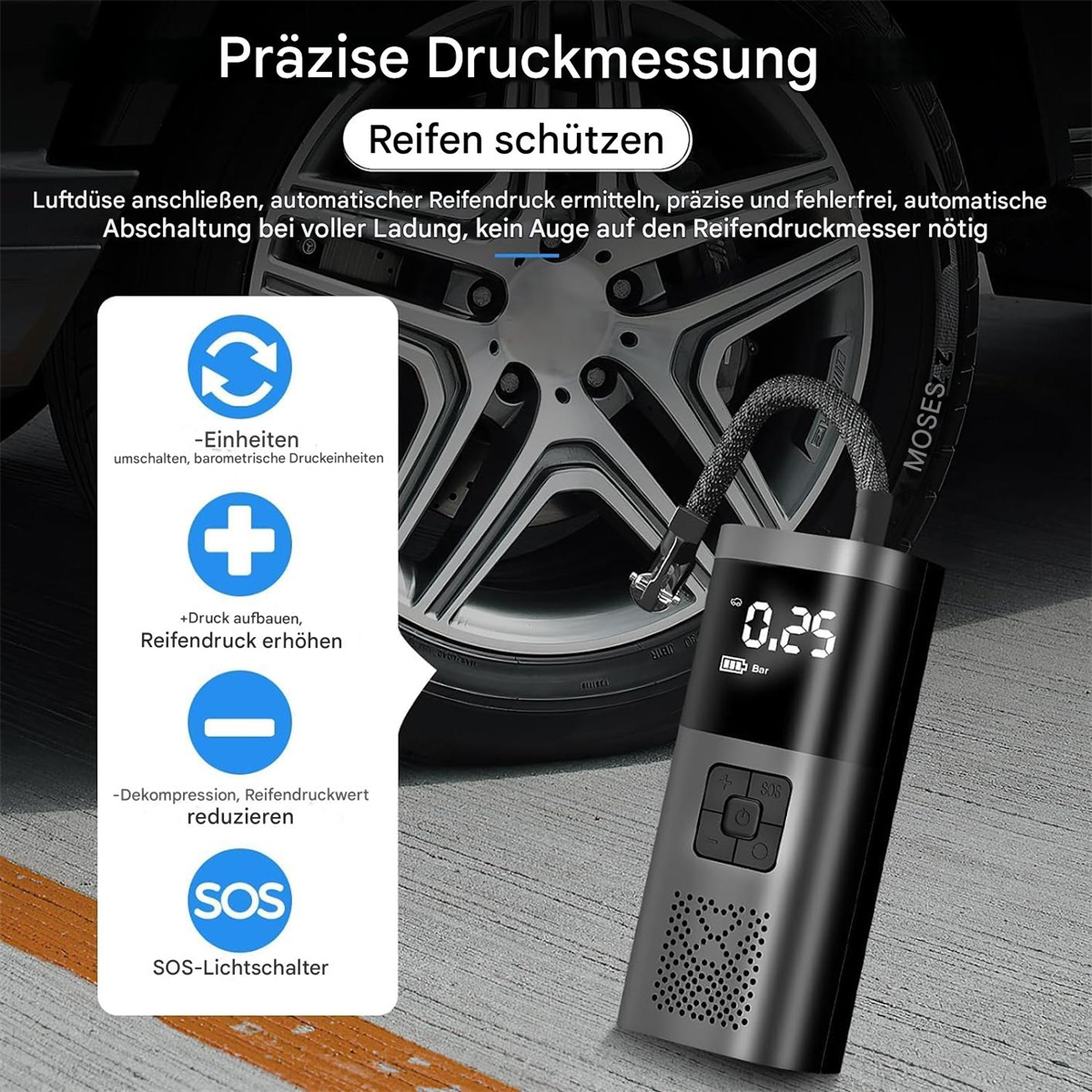 Schwarz-silberne Luftpumpe mit digitaler Anzeige und Symbolen.