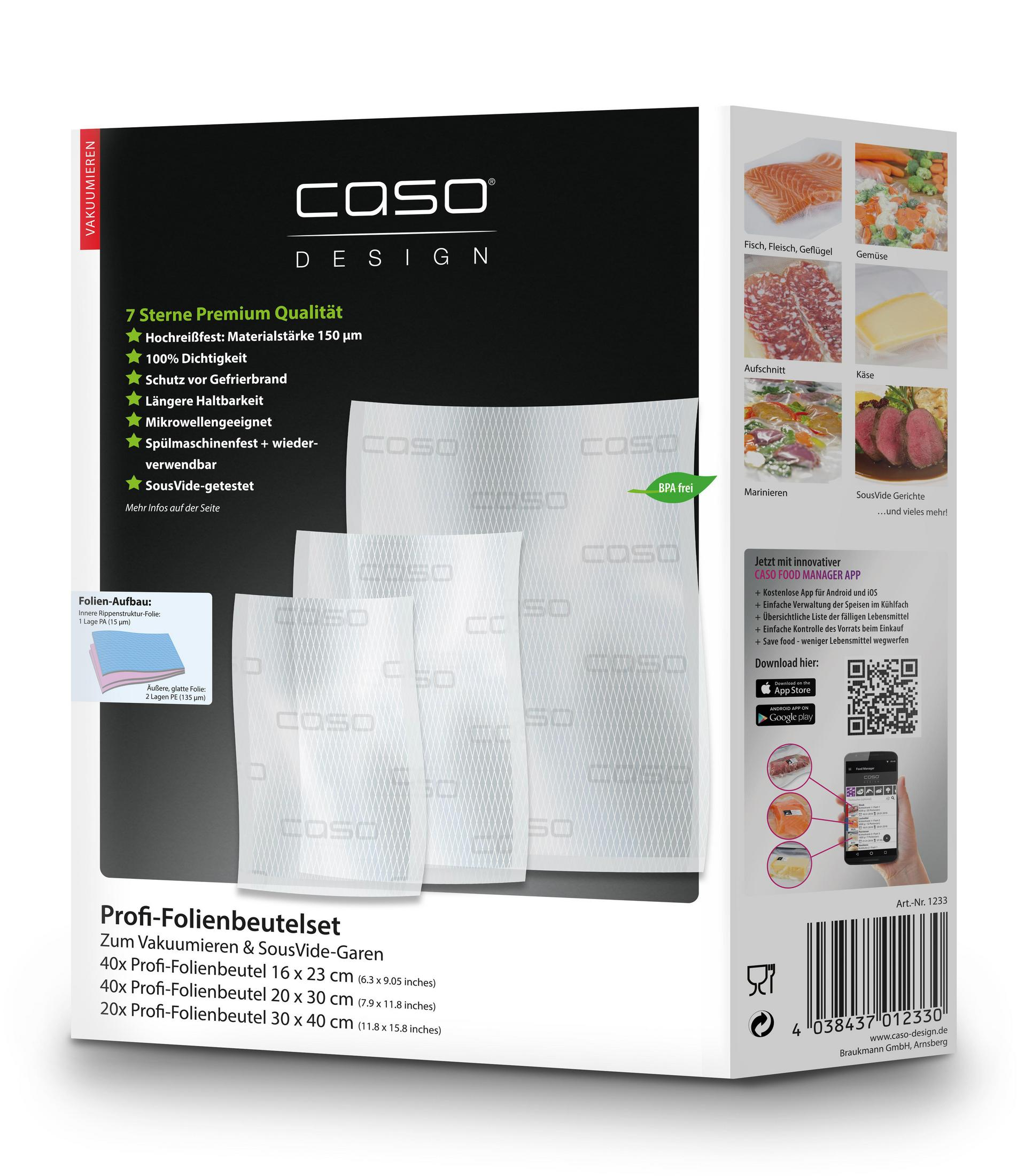 Eine Produktbox für COSO Vakuumbeutel. Sie enthält Bilder von Lebensmitteln, Beuteln und Text über das Produkt.