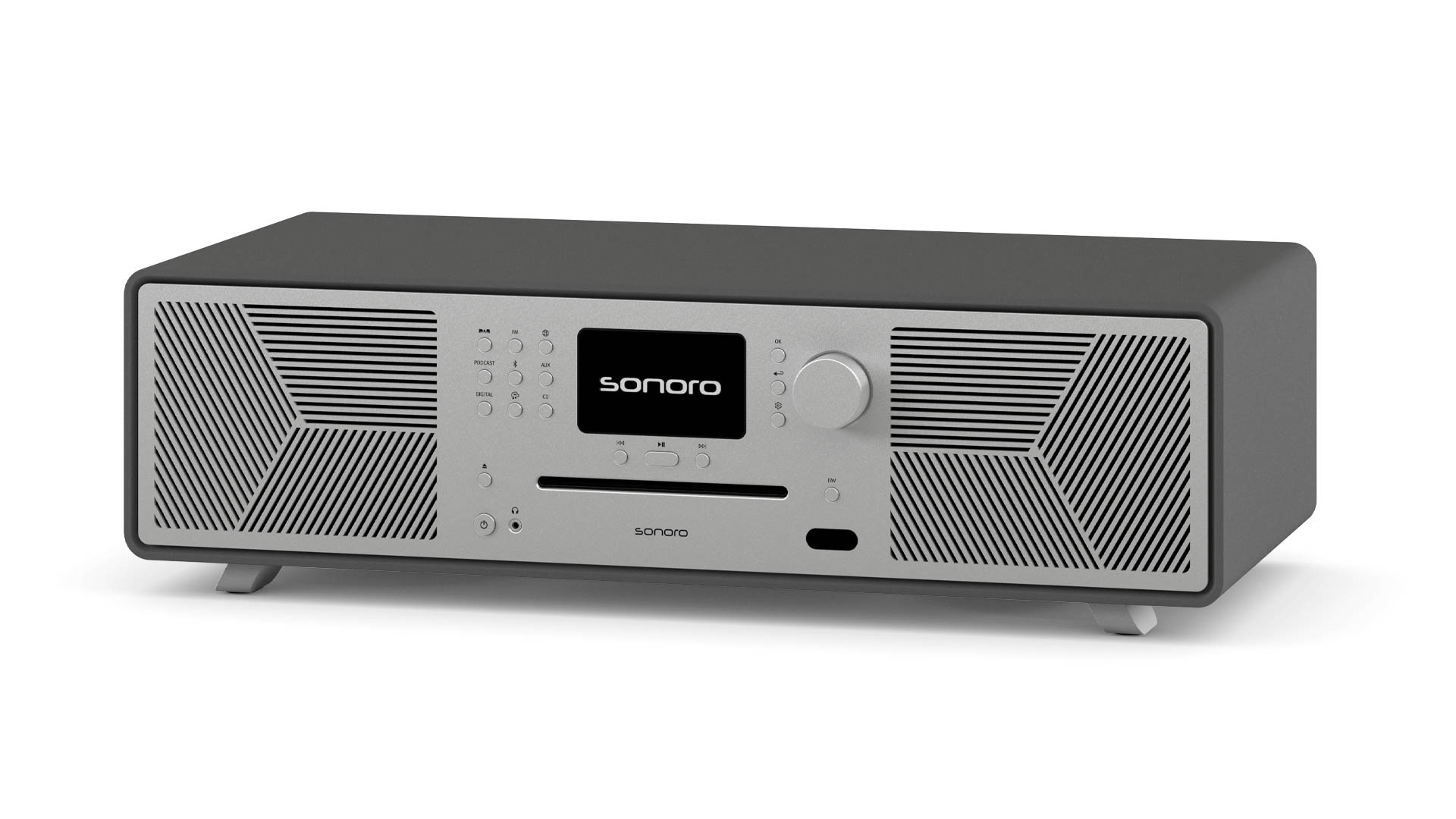 Ein graues und schwarzes SONORO-Radio. Es hat einen Bildschirm, Knöpfe und einen Knopf. Die Lautsprecher befinden sich an den Seiten.