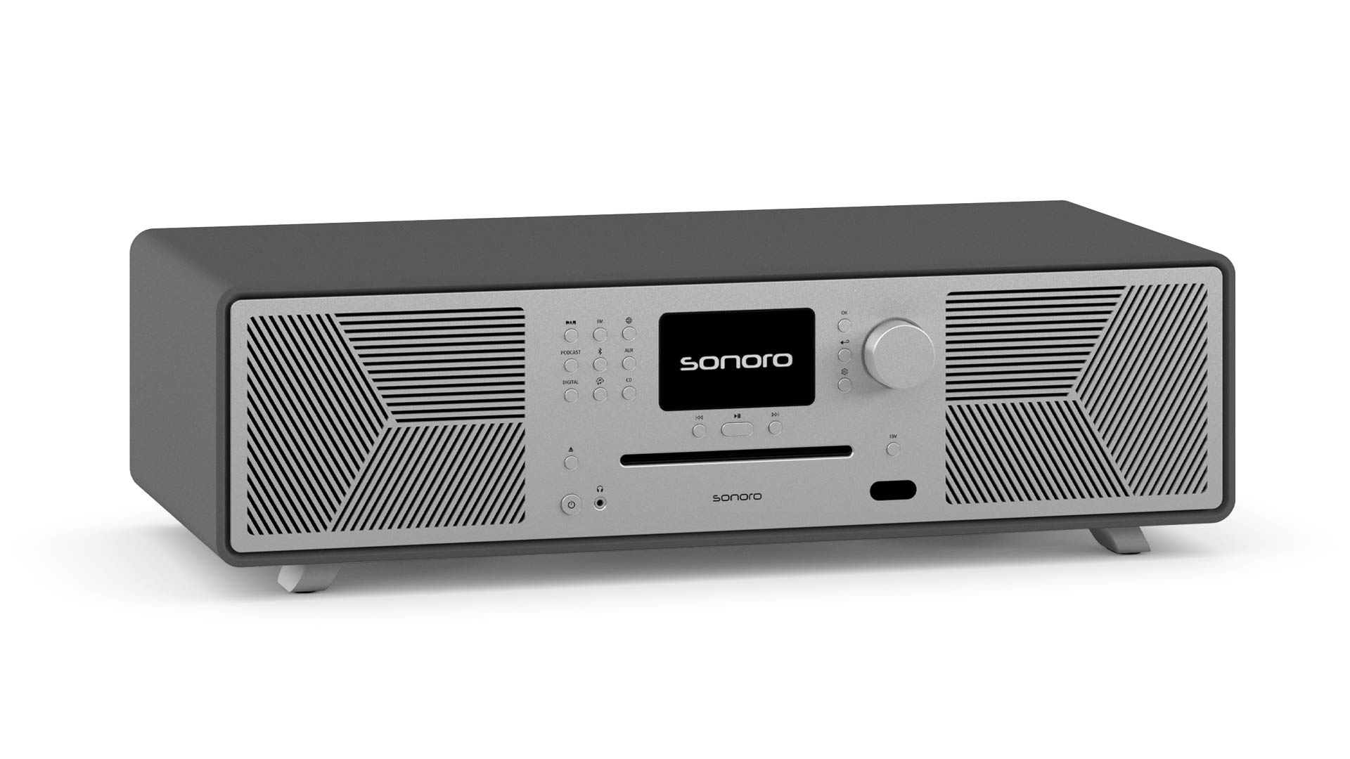 Ein graues und schwarzes SONORO-Radio. Es hat einen Bildschirm, Knöpfe und einen Knopf. Die Lautsprecher befinden sich an den Seiten.