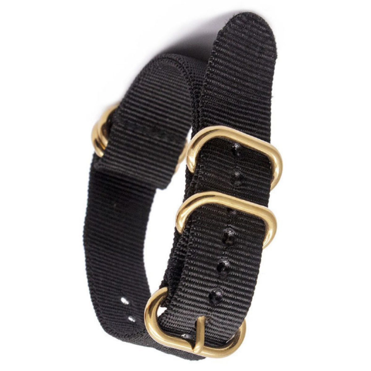 Ein schwarzes Nylon-Uhrenarmband mit goldfarbenen Schnallen. Das Armband hat mehrere Löcher zur Anpassung.