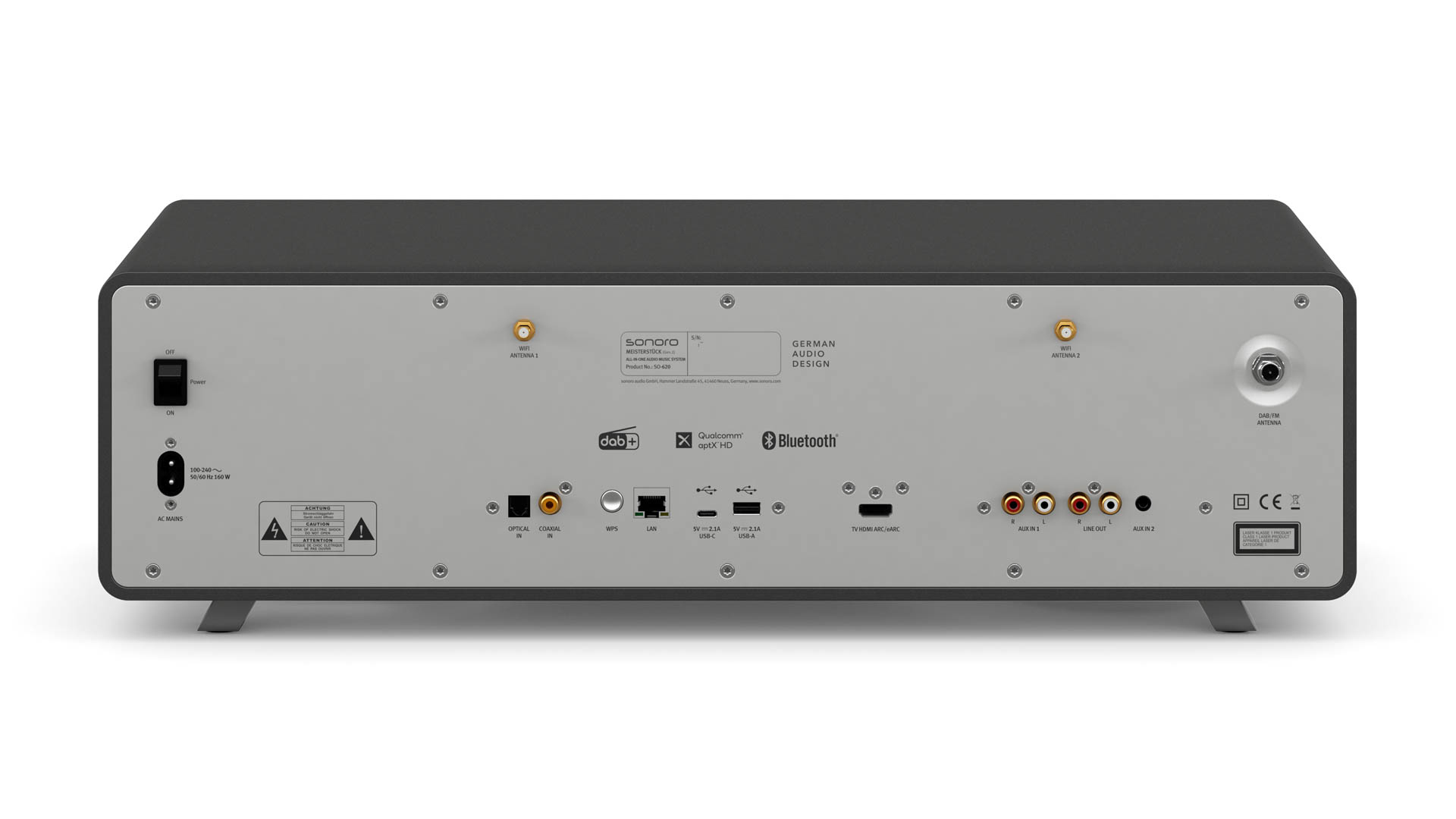 Die Rückansicht eines schwarzen und grauen Sonoro German Design Audiosystems.