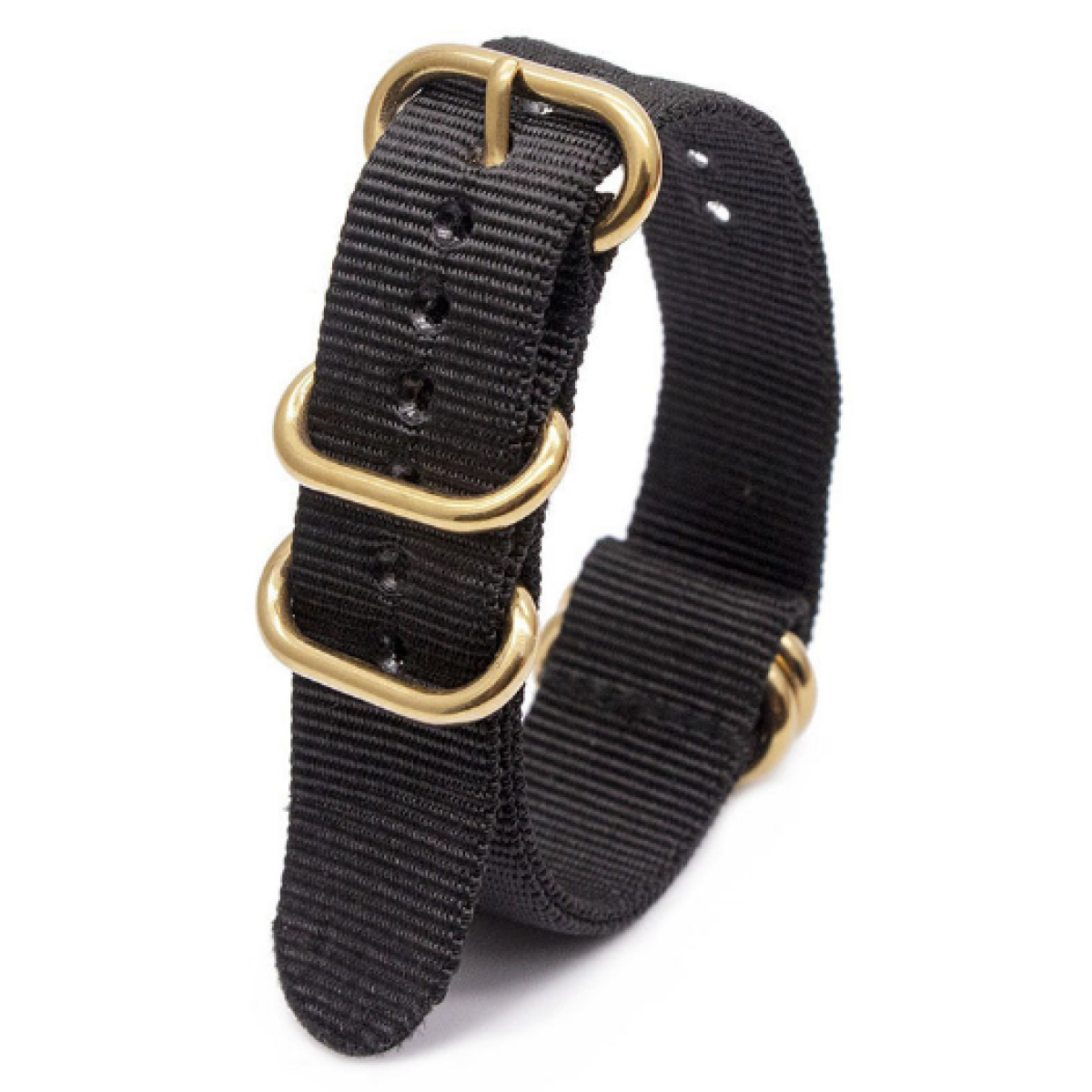 Ein schwarzes Nylon-Uhrenarmband mit goldfarbenen Schnallen. Das Armband hat mehrere Löcher zur Anpassung.