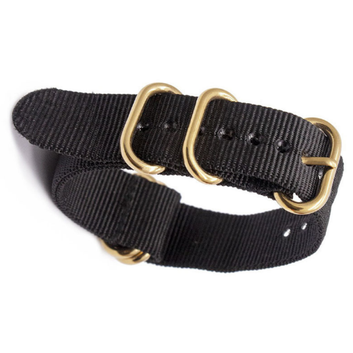 Schwarzes Nylon-Uhrenarmband mit goldenen Schnallen auf weißem Hintergrund.