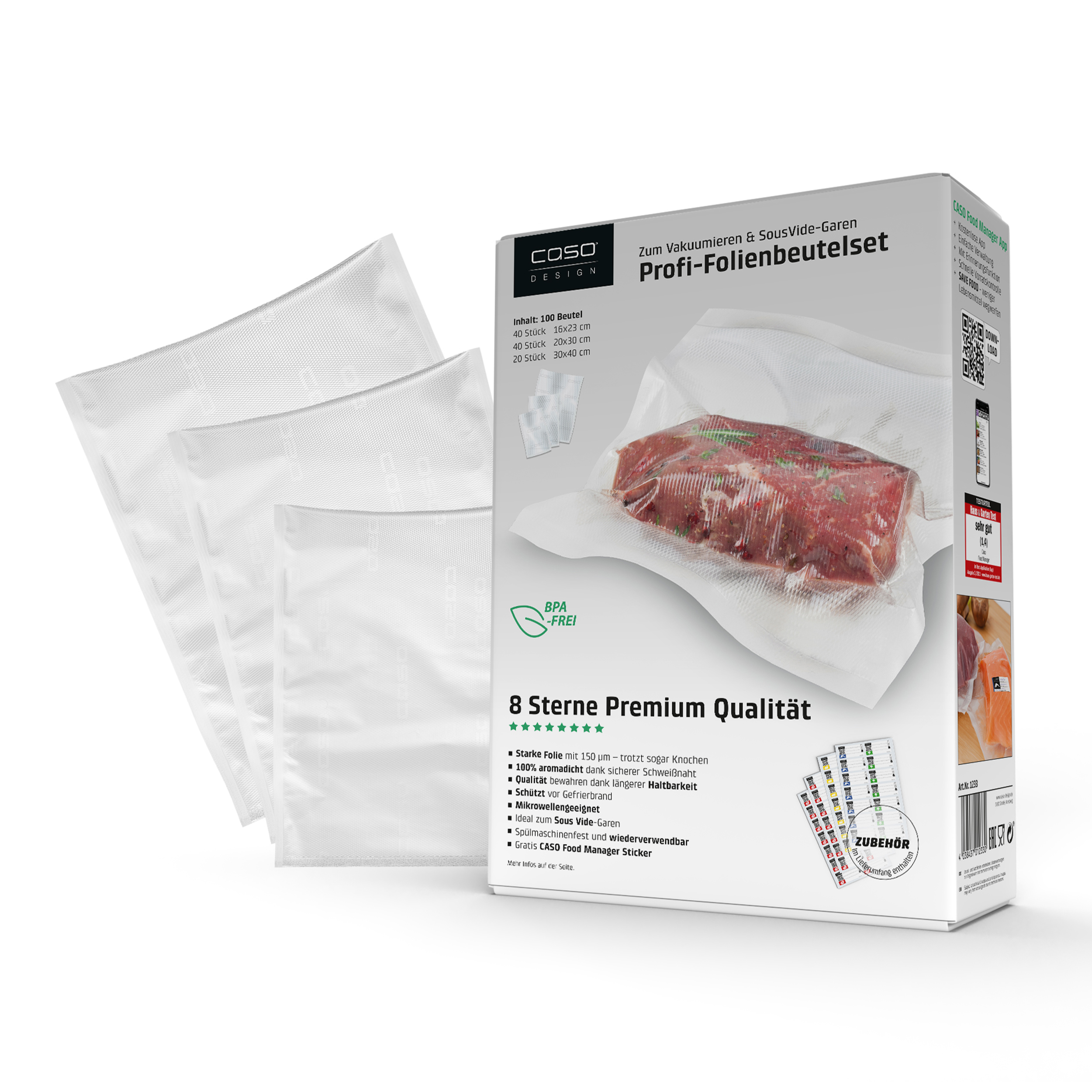 Eine Schachtel Caso Design Vakuumbeutel mit einer Packung Fleisch.