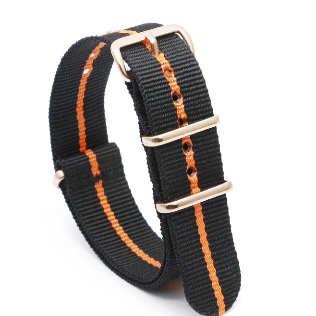 Cinturino in nylon a strisce nere e arancioni con fibbie dorate.