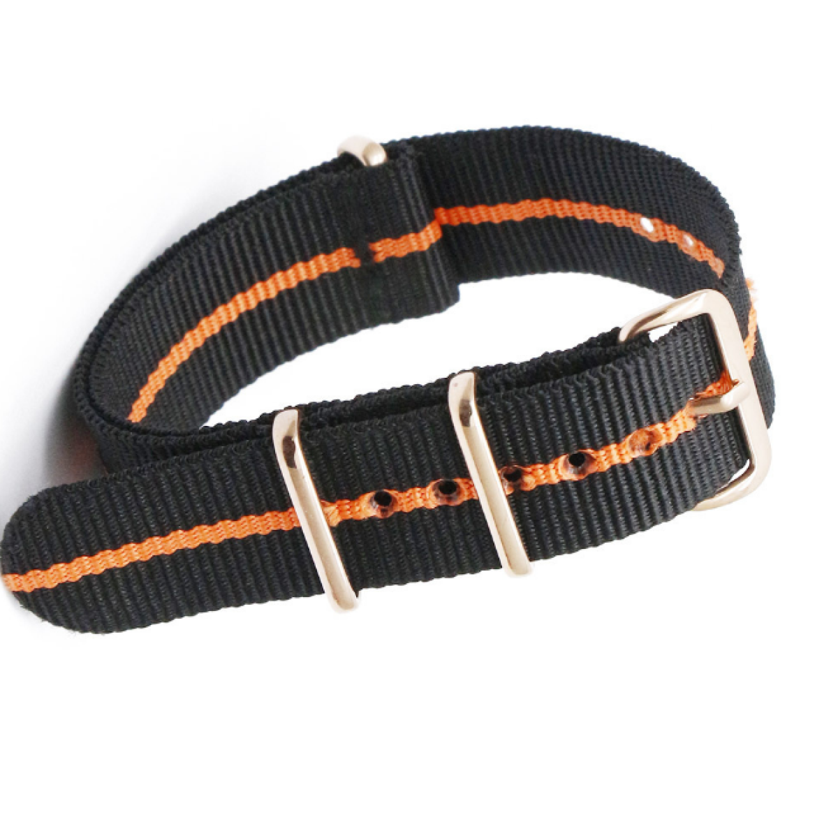 Cinturino in nylon a strisce nere e arancioni con fibbie dorate.