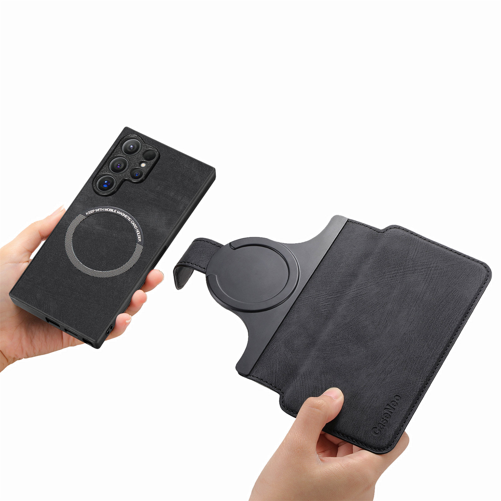 Schwarze Handyhülle mit Magnetring und Halterung.