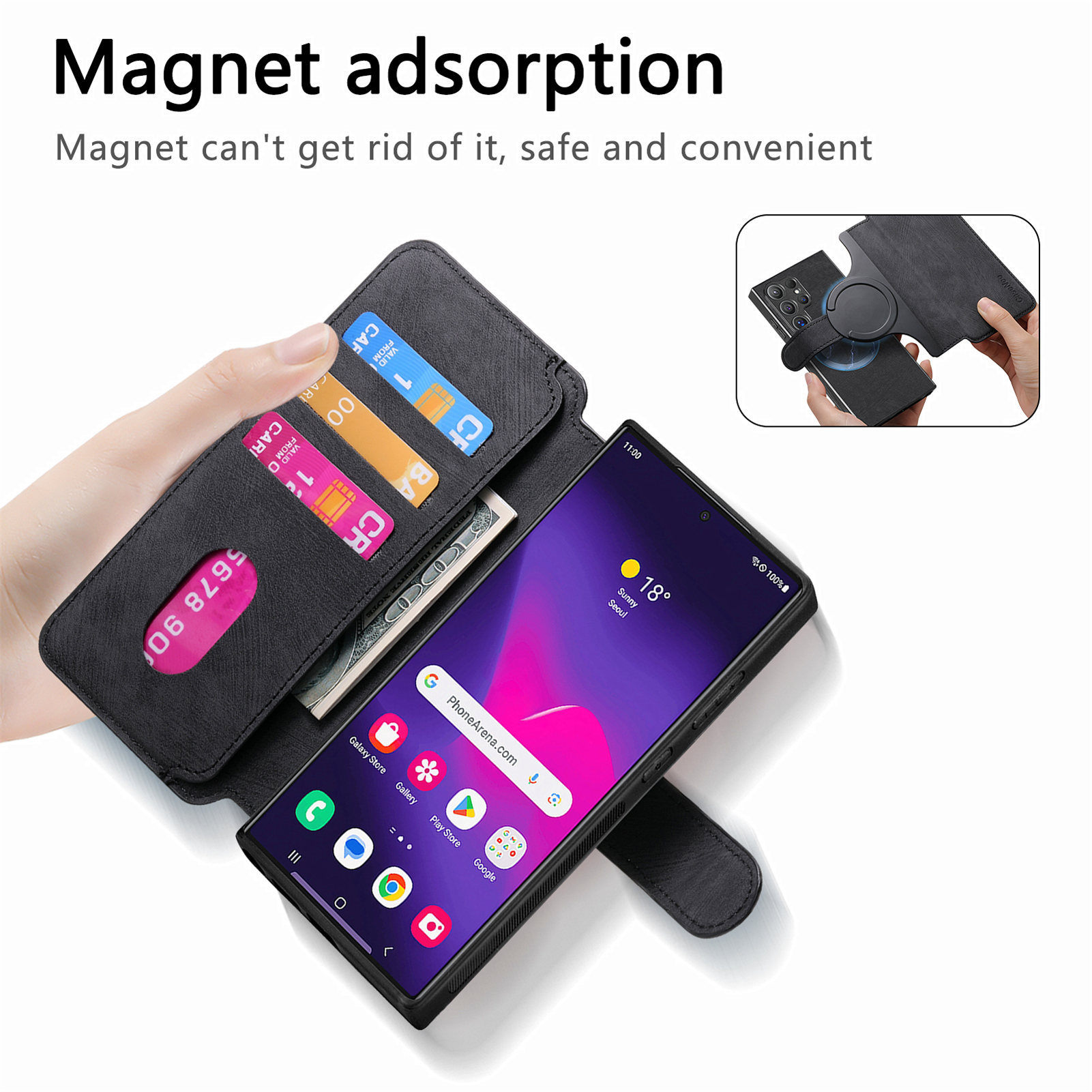 Handyhülle mit Karten und Geld. Das Telefon zeigt einen Bildschirm.